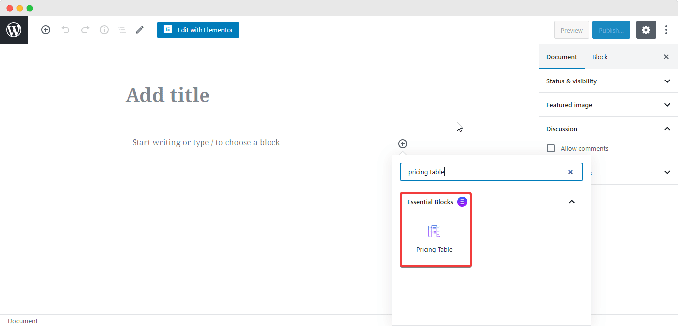 EB Pricing Table