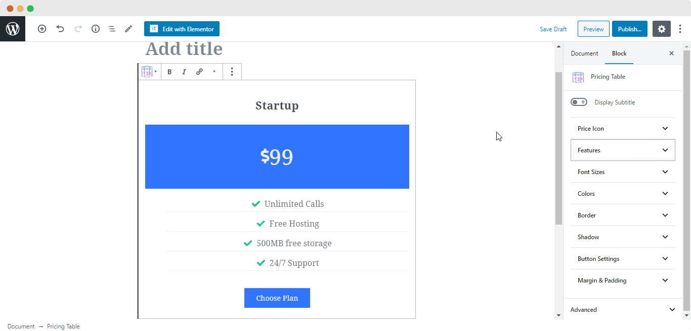 EB Pricing Table