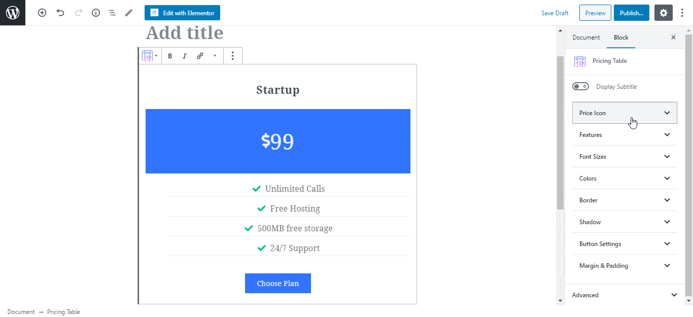 EB Pricing Table