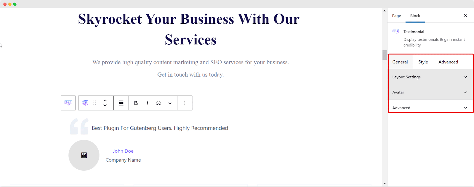 Testimonials in Gutenberg