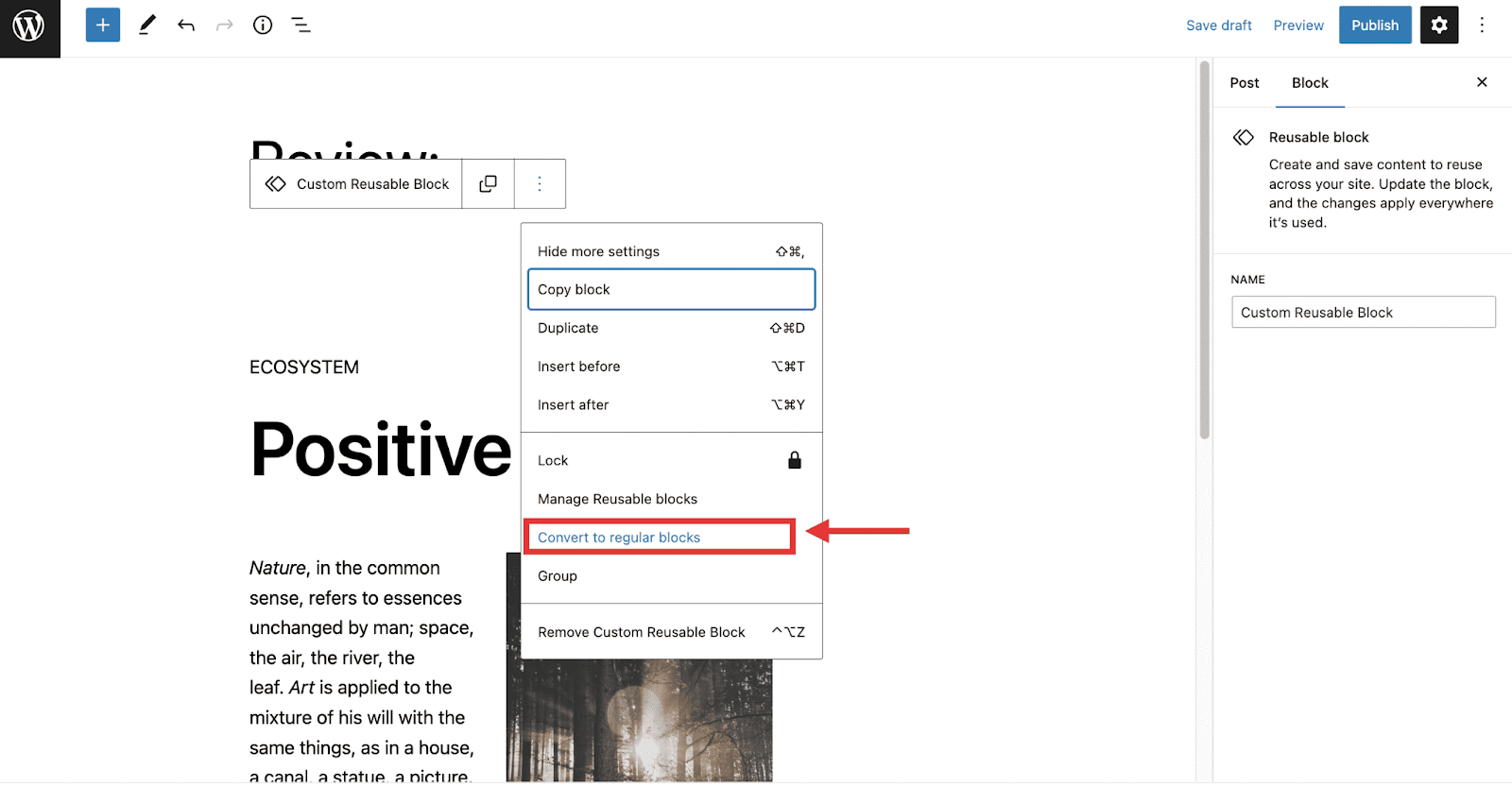 Converting reusable blocks to regular blocks