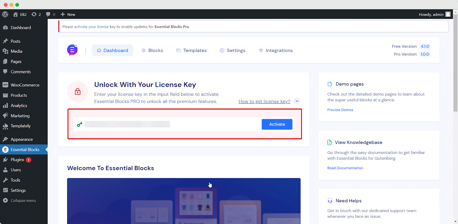 Activate License Key For Essential Blocks