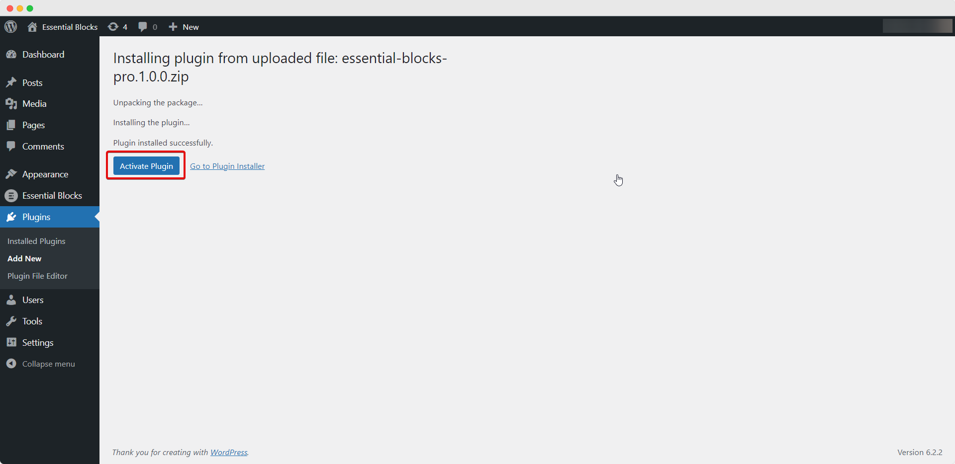 install and activate Essential Blocks PRO
