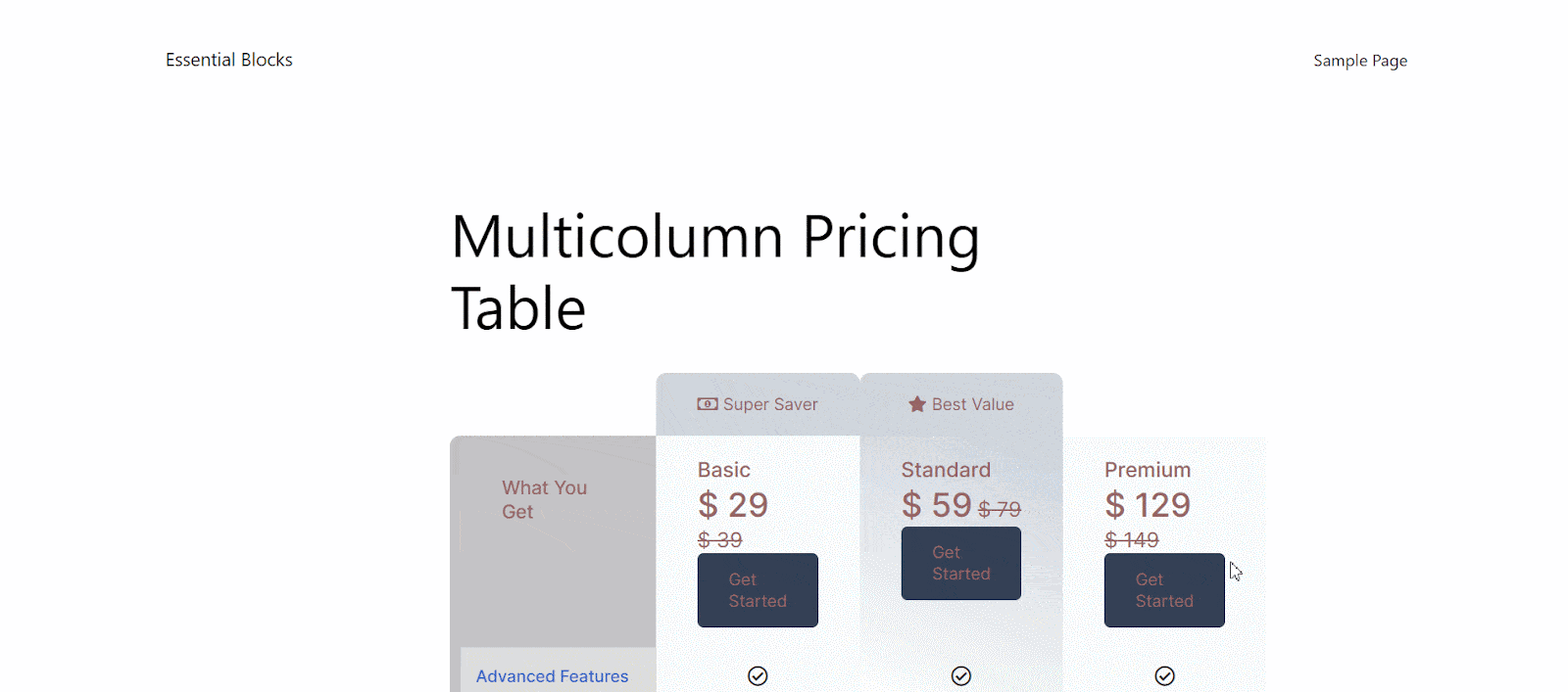 Multicolumn Pricing Table Block