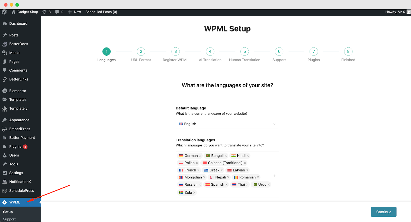 WPML plugin in WP dashboard