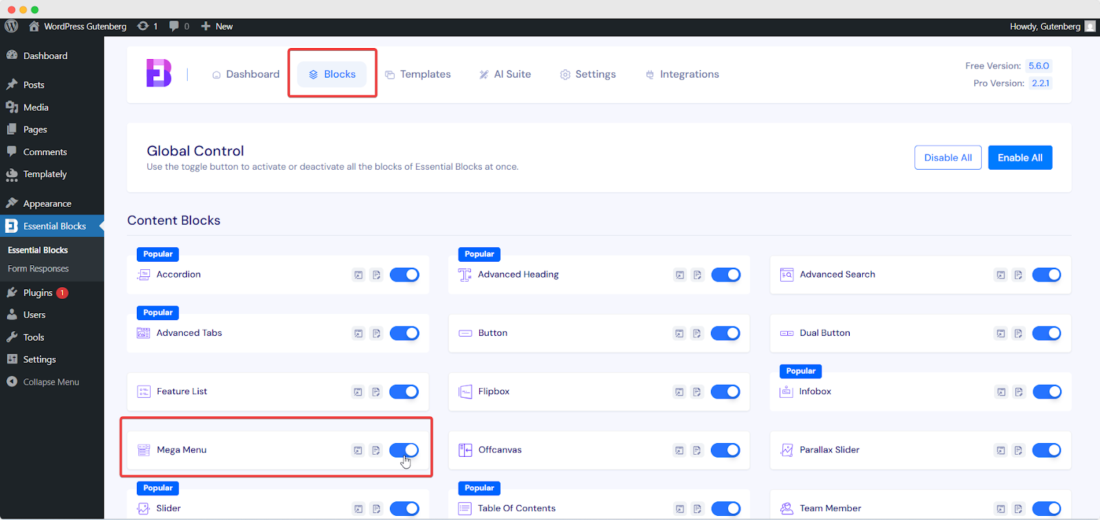 Activate EB mega menu in Gutenberg