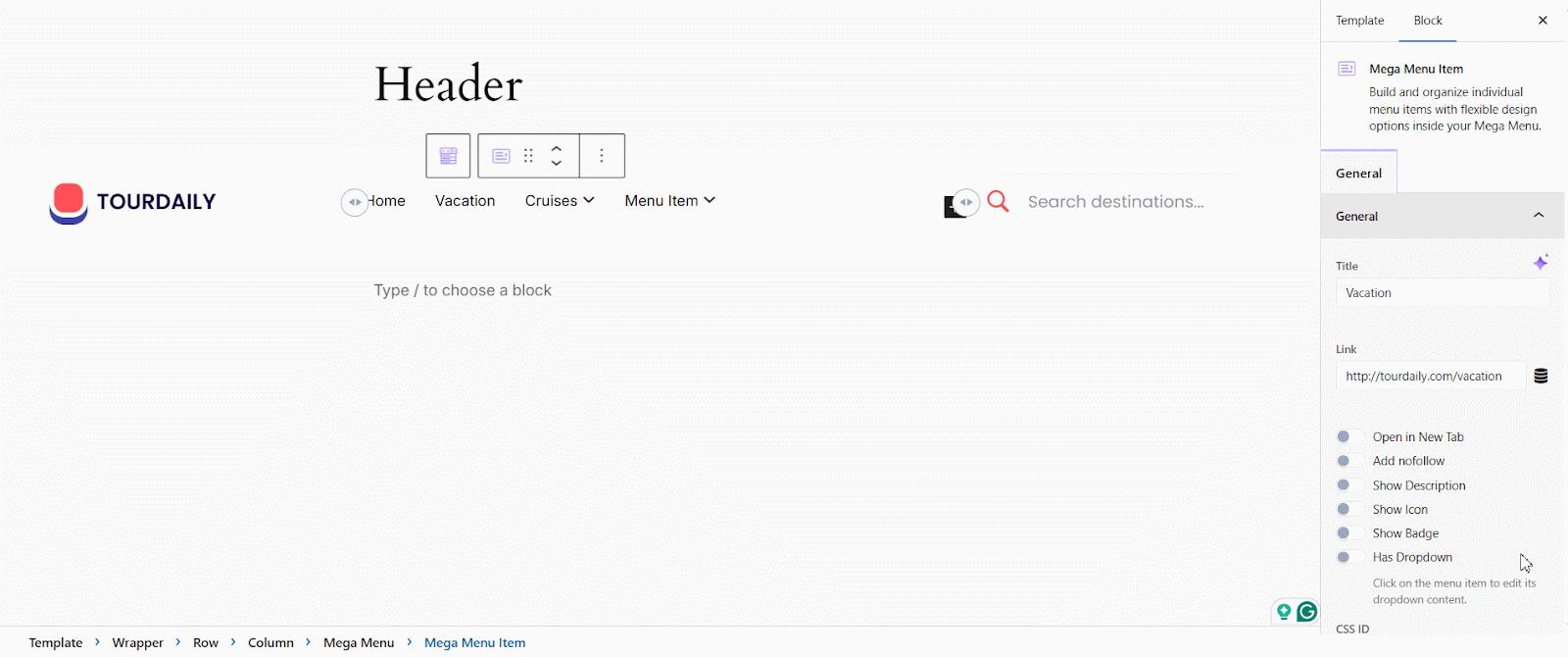 Customize the menu items