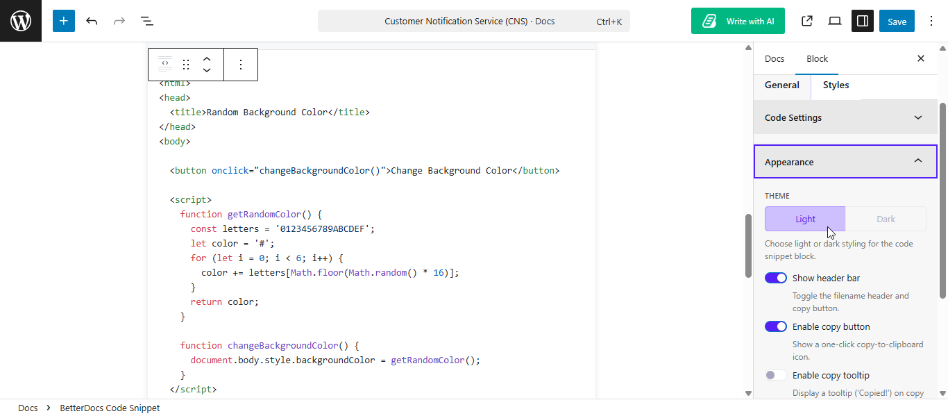 How to Create a Knowledge Base in Gutenberg Website 9 BetterDocs Code Snippet Block