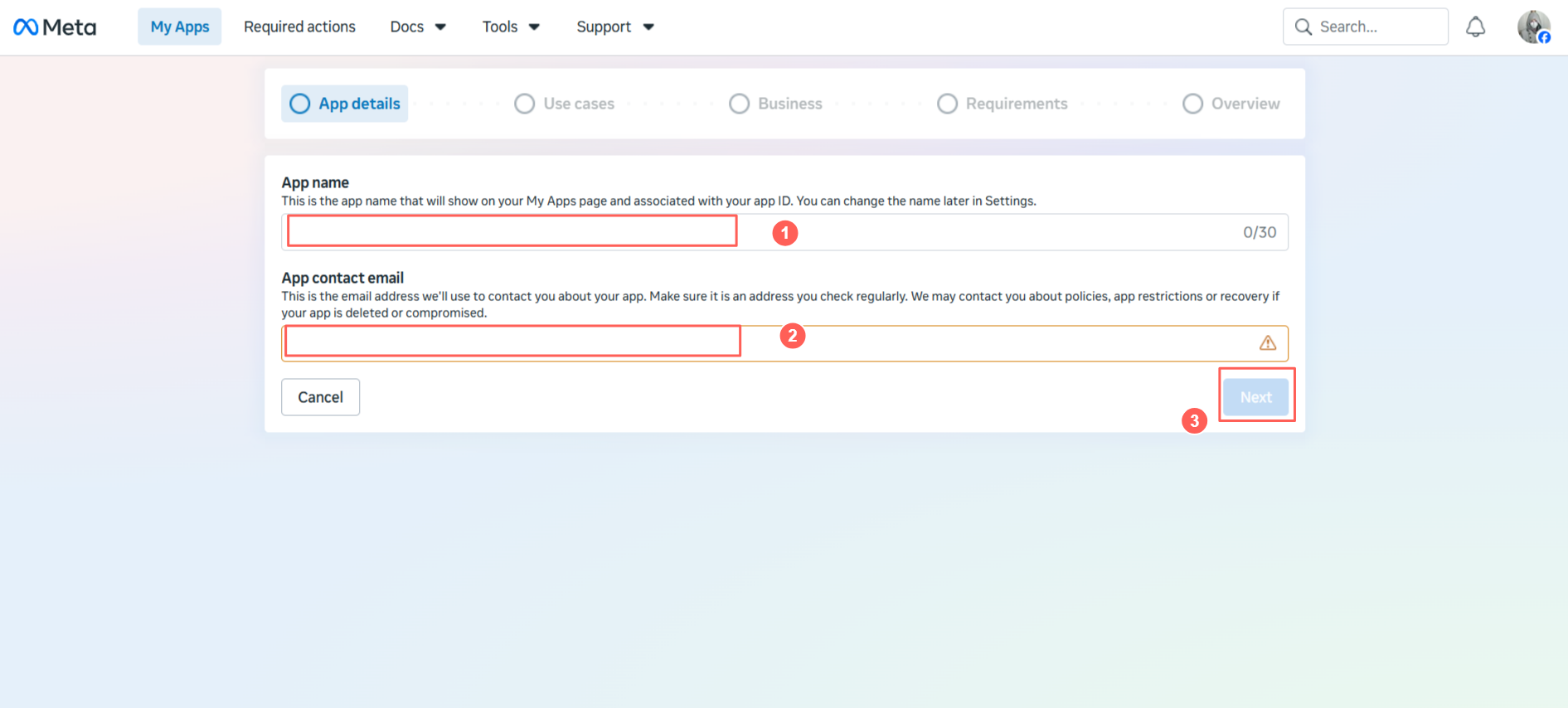 EB Facebook Feed 3 A popup will appear where you want to create an ‘App Name’ and add your contact email. Then click on the ‘Next’ button.