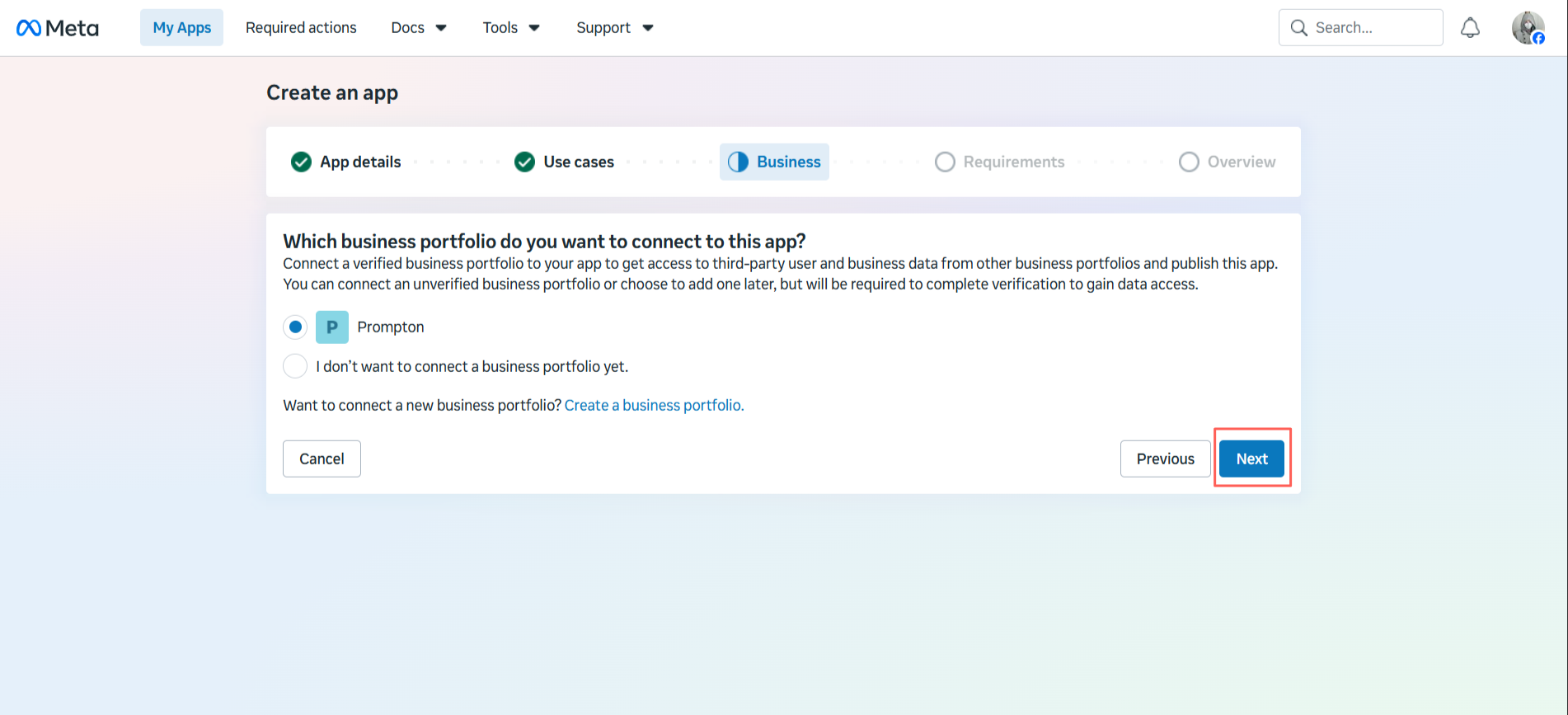 EB Facebook Feed 5 Select the business portfolio you want and then click on ‘Next’.