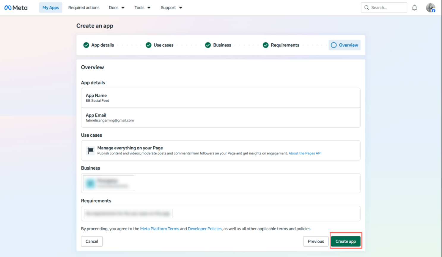 EB Facebook Feed 7 selected use cases, business details and publishing requirements. Then click ‘Create app’ to finalize setup.Â