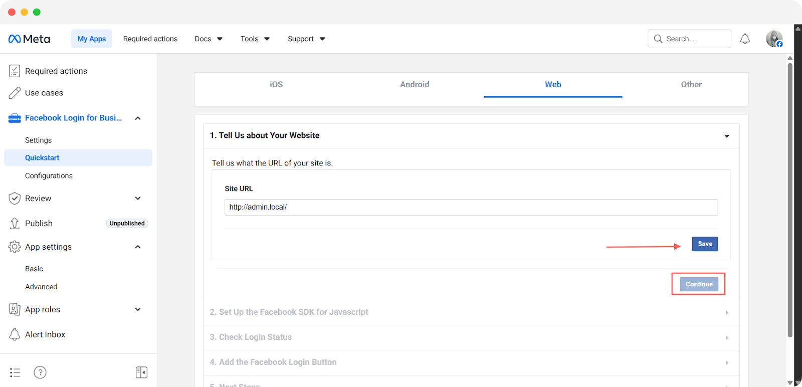 Facebook Feed 7 Now enter your Site URL and click on the ‘Save’ button.