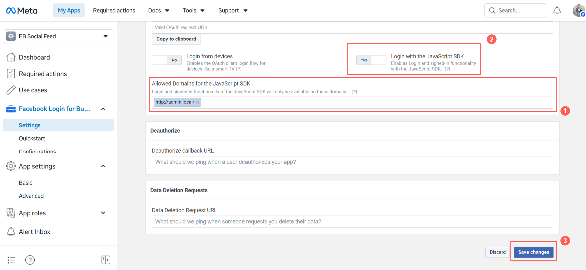 EB Facebook Feed 12 go to settings and paste your site URL in the ‘Allowed Domains For The JavaScript SDK’ field.Â