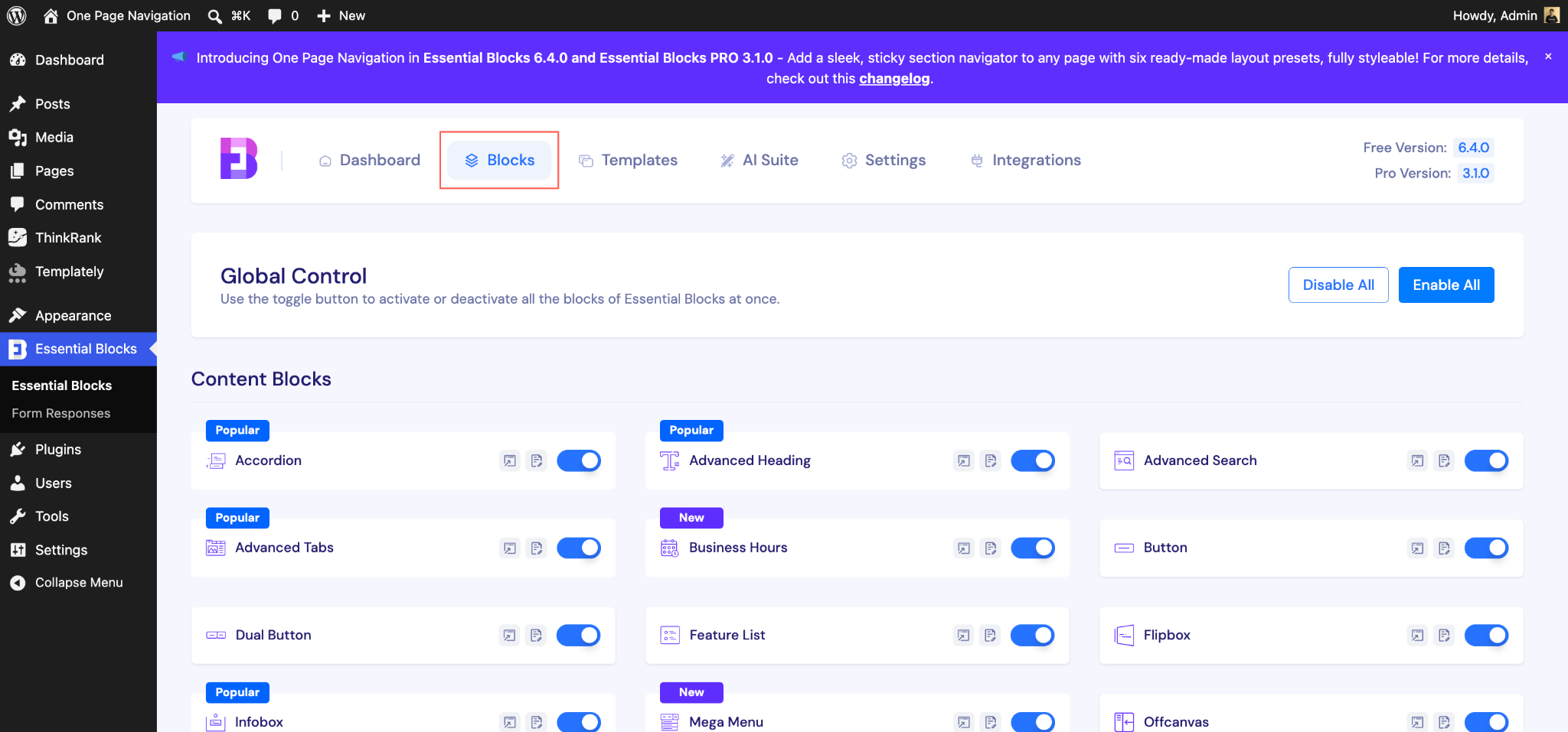 EB One Page Navigation 2 Essential Blocks dashboard Blocks tab with global control