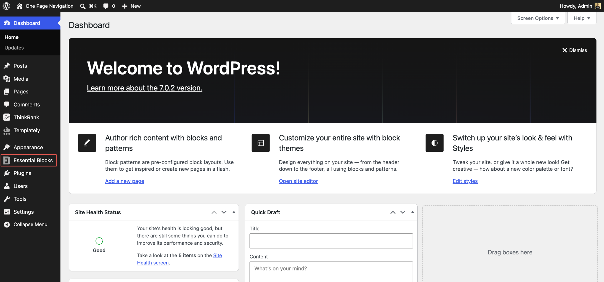 EB One Page Navigation 1 WordPress dashboard with the Essential Blocks menu item